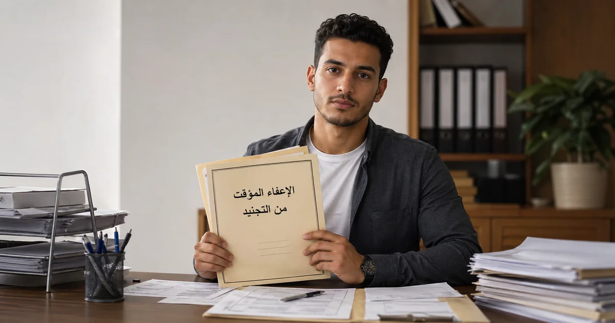 شاب مصري يحمل ملف الإعفاء المؤقت من التجنيد مع أوراق رسمية لتسوية الموقف العسكري.