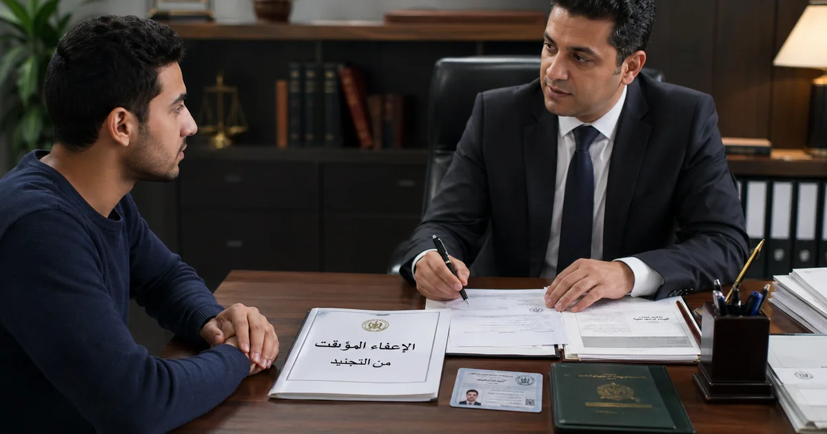 محامٍ يراجع مع شاب مستندات الإعفاء المؤقت من التجنيد داخل مكتب قانوني لتجنب أخطاء الملف التجنيدي.