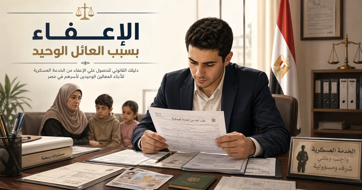 شاب يقدم طلب الإعفاء بسبب العائل الوحيد في مكتب إداري مع ملف مستندات التجنيد والقيد العائلي وشهادات الميلاد.