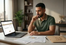 شاب مصري يستعلم عن الموقف التجنيدي إلكترونيًا في مصر عبر اللابتوب مع أوراق رسمية على المكتب.