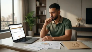 شاب مصري يستعلم عن الموقف التجنيدي إلكترونيًا في مصر عبر اللابتوب مع أوراق رسمية على المكتب.