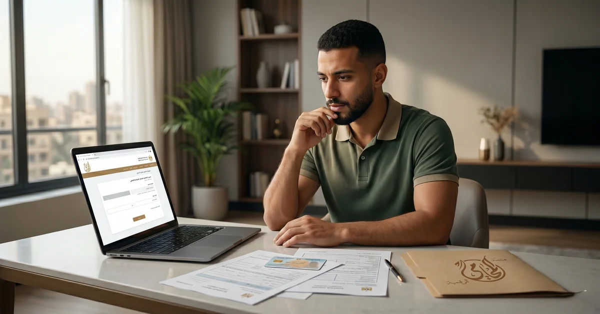 شاب مصري يستعلم عن الموقف التجنيدي إلكترونيًا في مصر عبر اللابتوب مع أوراق رسمية على المكتب.
