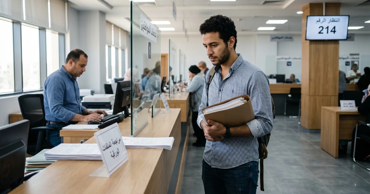 شاب مصري يراجع أوراقه بعد الاستعلام عن الموقف التجنيدي إلكترونيًا في مصر داخل جهة إدارية.
