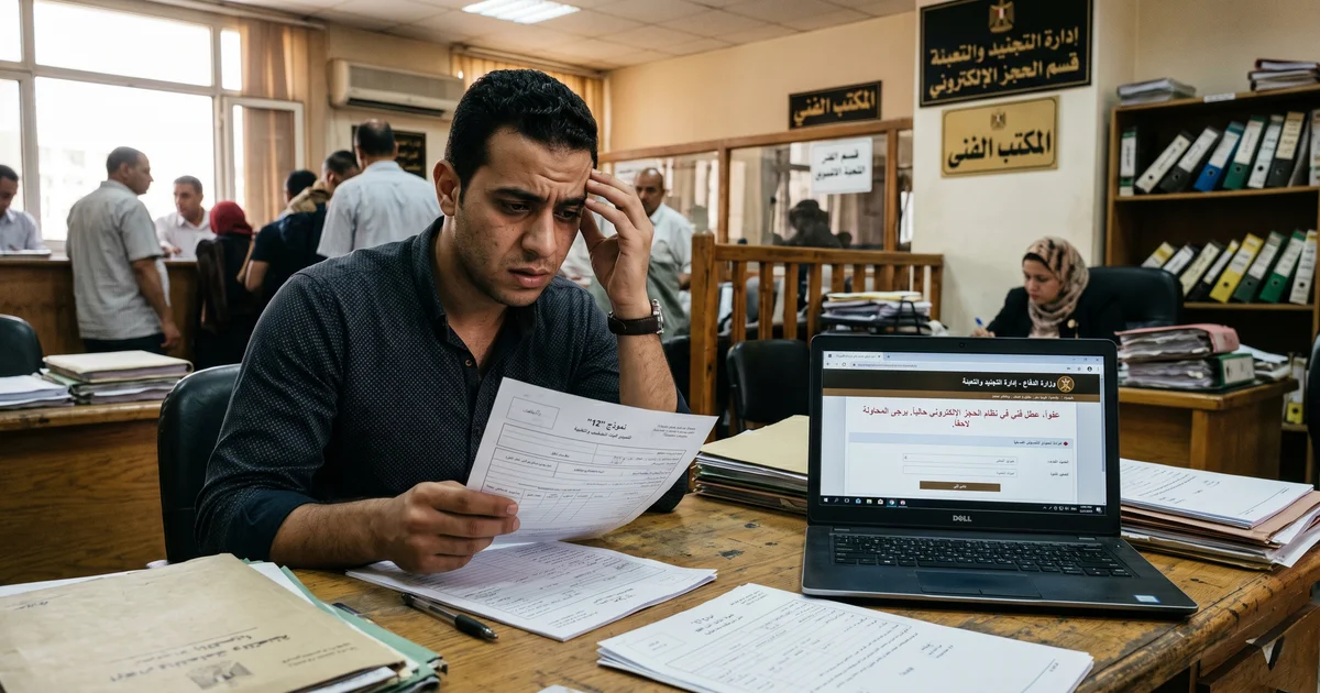 تعطل الحجز المسبق في إدارة التجنيد والتعبئة ومراجعة أوراق التجنيد والمستندات الرسمية في مصر.