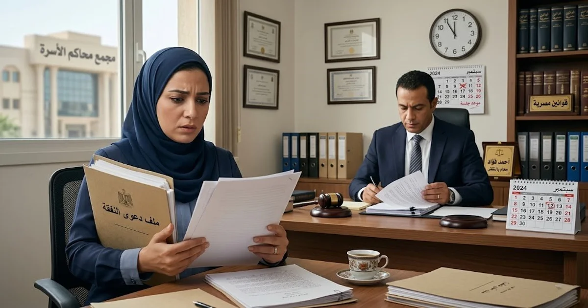مدة قضية النفقة في مصر تظهر في صورة سيدة تراجع ملف دعوى النفقة داخل مكتب محاماة أمام محكمة الأسرة بينما يفحص المحامي أوراق القضية مع رموز بصرية تعبر عن تأخر الإجراءات ووقت الفصل في دعوى النفقة
