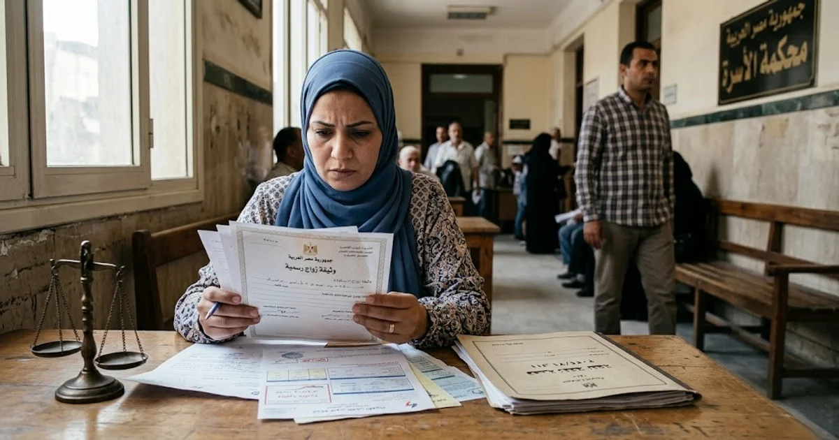 زوجة داخل محكمة الأسرة في مصر تراجع أوراق دعوى نفقة ووثيقة الزواج لاتخاذ الإجراءات القانونية ضد الزوج الممتنع عن النفقة وفق قانون الأحوال الشخصية المصري