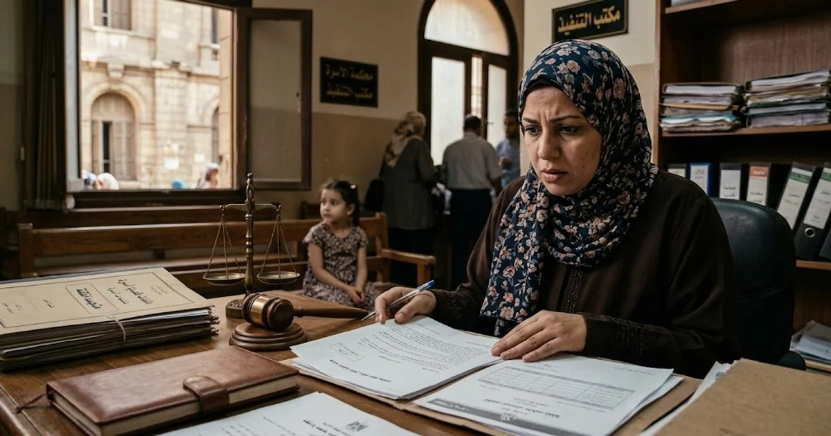 سيدة مصرية تراجع أوراق متجمد النفقة داخل محكمة الأسرة تمهيدًا لاتخاذ الإجراءات القانونية لتحصيل متأخرات النفقة.