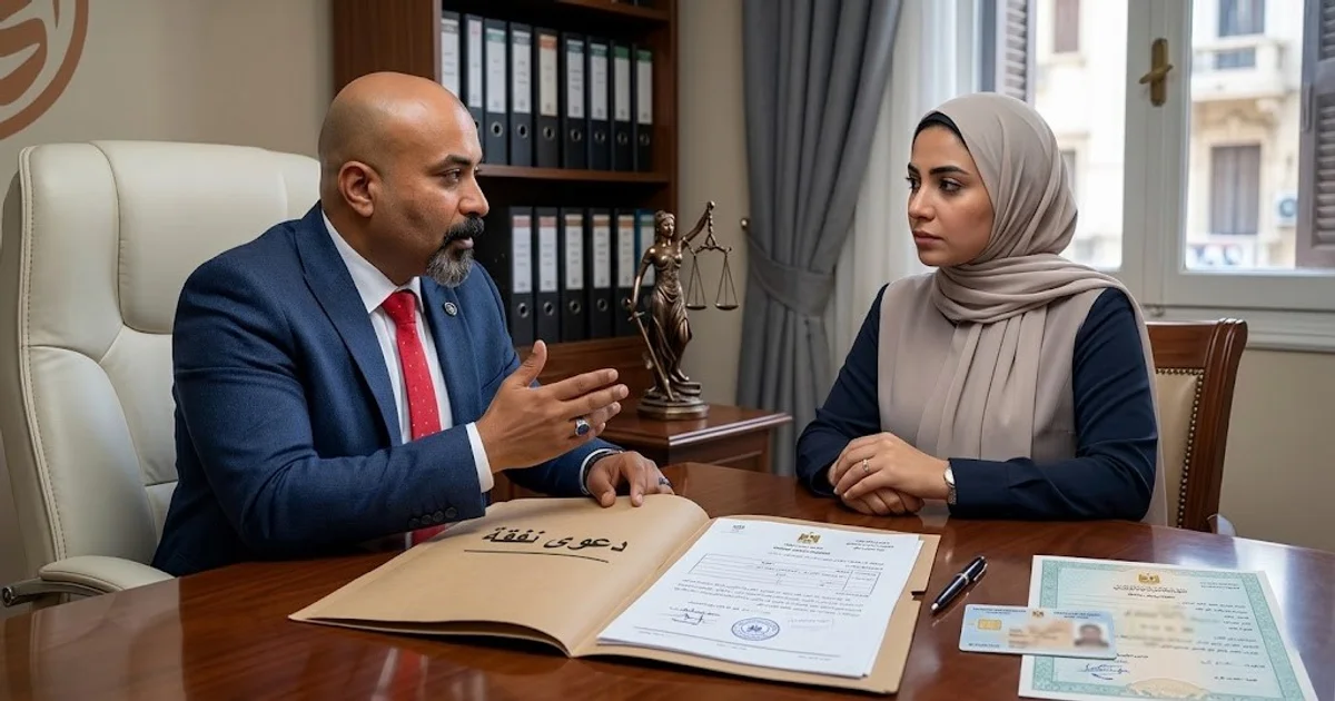 محامٍ مصري يشرح لسيدة محجبة إجراءات رفع دعوى نفقة داخل مكتب محاماة، مع ظهور ملف دعوى نفقة وأوراق رسمية وبطاقة رقم قومي على المكتب في مشهد قانوني احترافي داخل مصر
