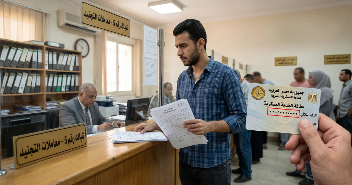 الرقم الثلاثي لبطاقة الخدمة العسكرية في مصر داخل مشهد إداري يوضح مراجعة الأوراق الرسمية وتعطل الإجراءات الحكومية.
