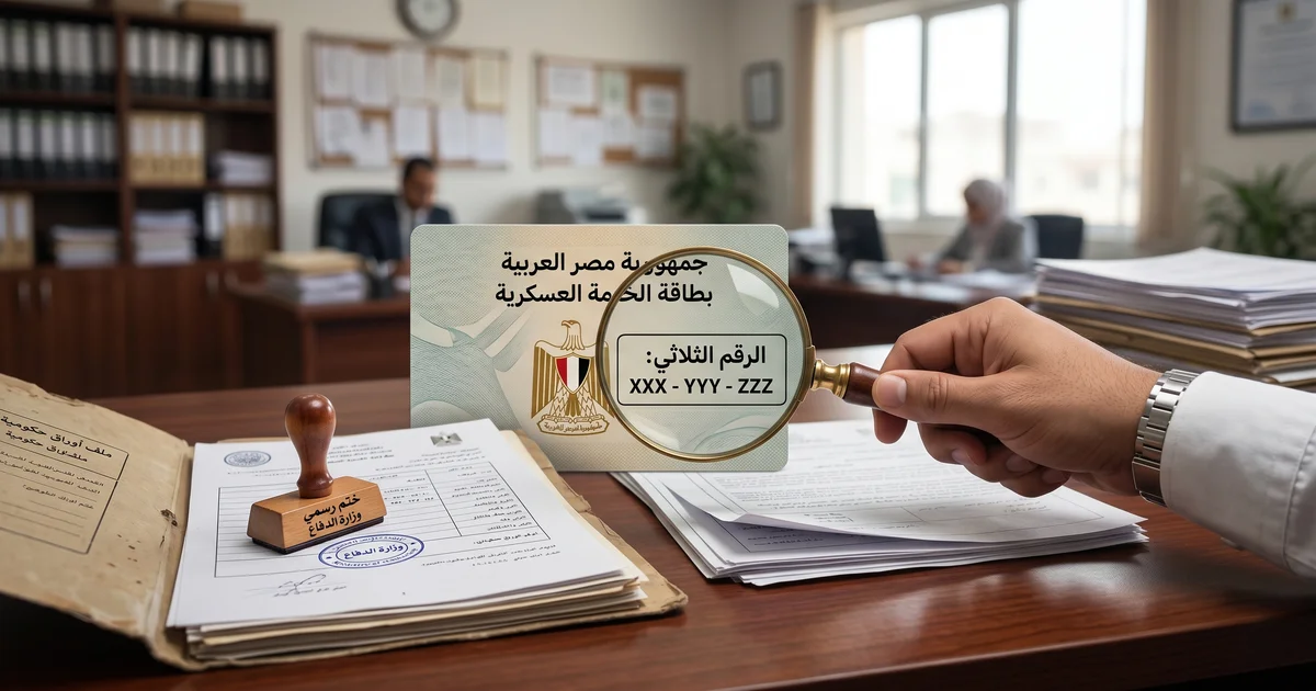 بطاقة الخدمة العسكرية مع إبراز الرقم الثلاثي داخل ملف أوراق حكومية في مصر لتوضيح أهميته في مطابقة البيانات والإجراءات الرسمية.