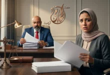 سيدة مصرية تبدو قلقة داخل مكتب محاماة تحمل أوراقًا قانونية بينما يراجع محامٍ مستندات قضية أحوال شخصية تتعلق بـ الزوج رافض يطلق