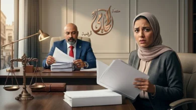 سيدة مصرية تبدو قلقة داخل مكتب محاماة تحمل أوراقًا قانونية بينما يراجع محامٍ مستندات قضية أحوال شخصية تتعلق بـ الزوج رافض يطلق