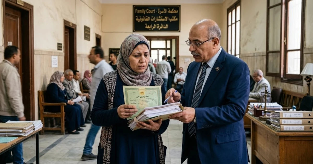 سيدة مصرية تقف مع محامٍ داخل محكمة الأسرة وتعرض عليه مستندات رسمية لشرح الإجراءات القانونية في نزاع زوجي