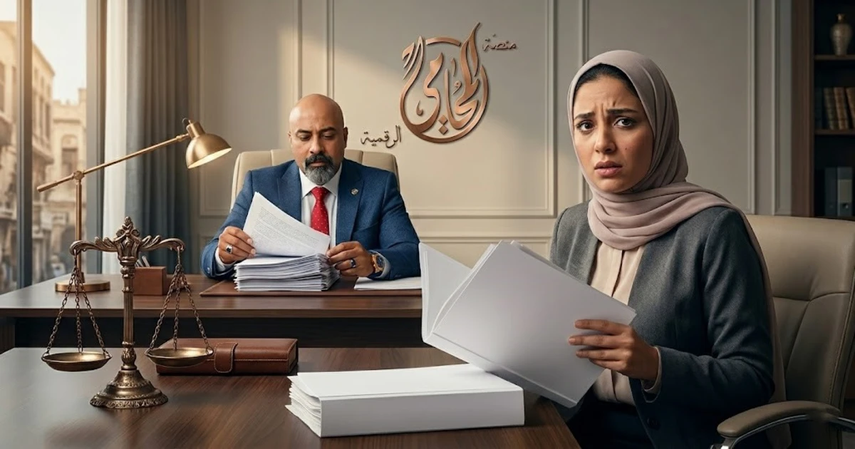 سيدة مصرية تبدو قلقة داخل مكتب محاماة تحمل أوراقًا قانونية بينما يراجع محامٍ مستندات قضية أحوال شخصية تتعلق بالطلاق
