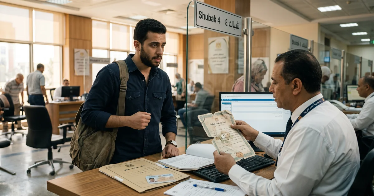 شاب مصري يقدم طلب بدل تالف لشهادة إنهاء الخدمة العسكرية داخل مكتب حكومي في مصر مع مستندات رسمية وبطاقة رقم قومي.
