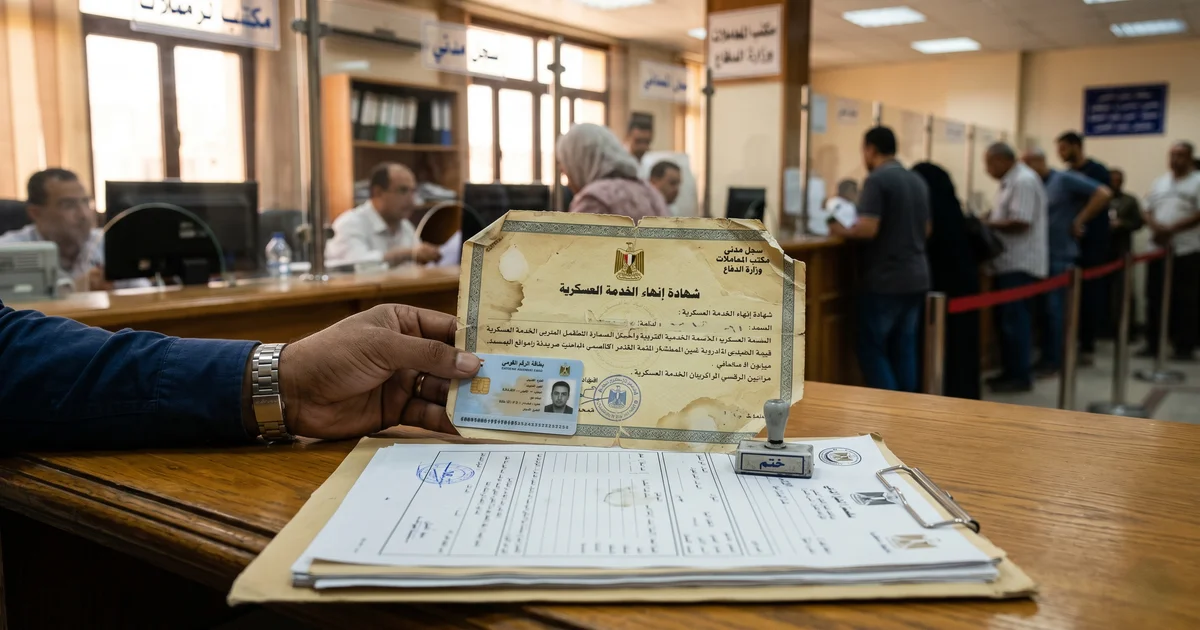 شهادة إنهاء الخدمة العسكرية التالفة موضوعة على مكتب معاملات حكومية في مصر بجوار بطاقة رقم قومي وأوراق رسمية لاستخراج بدل تالف.