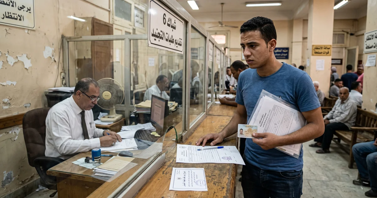 شاب مصري يراجع أوراق بدل فاقد لشهادة الجيش داخل جهة حكومية في مصر تمهيدًا لاستخراج الشهادة واستكمال الإجراءات الرسمية.