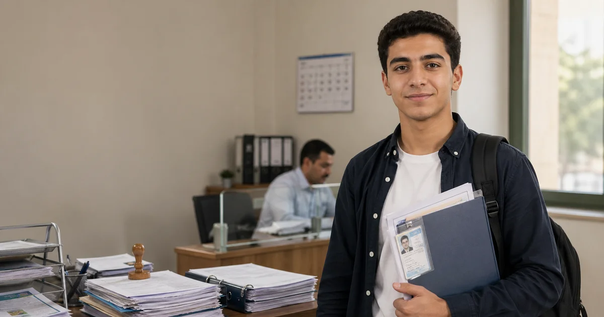 طالب جامعي يحمل أوراق القيد الدراسي داخل جهة إدارية لمتابعة تأجيل التجنيد الدراسي في مصر.