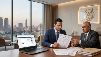 محامٍ مصري ورجل أعمال يراجعان أوراق تأسيس شركة داخل مكتب قانوني حديث في مصر.