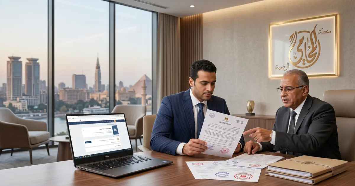 محامٍ مصري ورجل أعمال يراجعان أوراق تأسيس شركة داخل مكتب قانوني حديث في مصر.