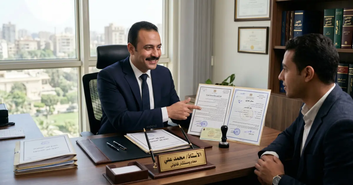 محامٍ مصري يشرح خطوات تأسيس شركة في مصر أثناء مراجعة أوراق قانونية ومستندات رسمية مع عميل داخل مكتب محاماة.