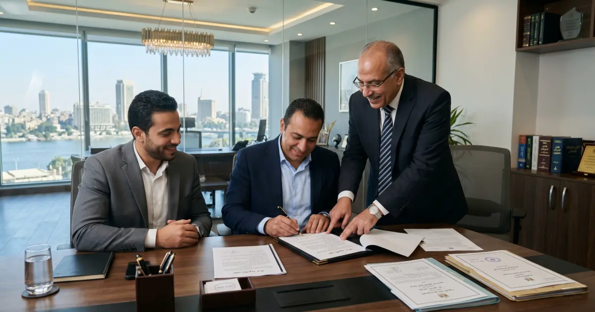 شريكان يوقعان عقد تأسيس شركة في مصر بحضور محامٍ داخل قاعة اجتماعات حديثة.
