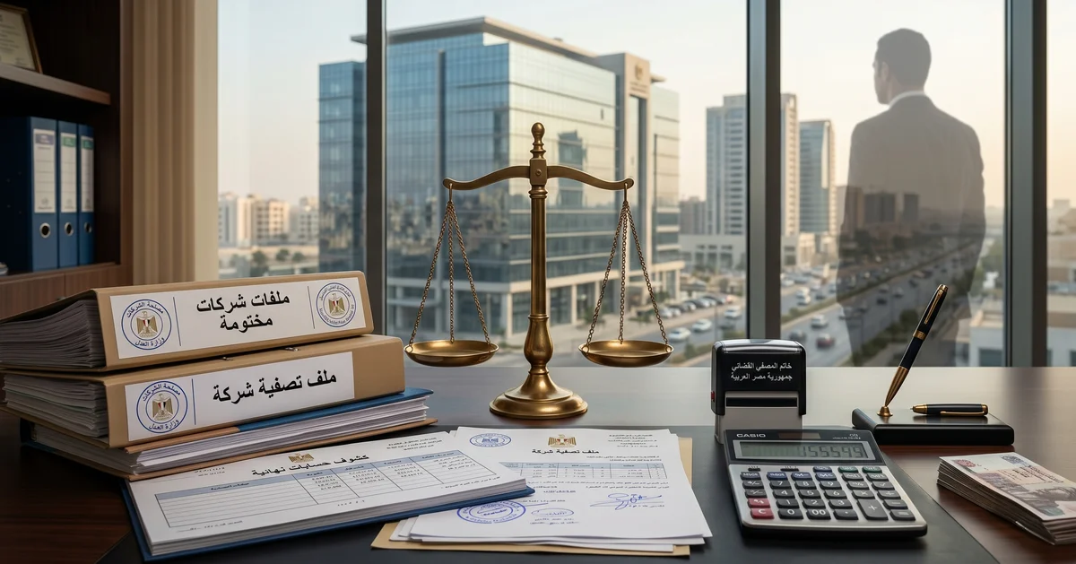 صورة قانونية تعبر عن تصفية شركة في مصر من خلال ميزان العدالة وملفات شركات ومستندات مالية وتسوية الالتزامات.