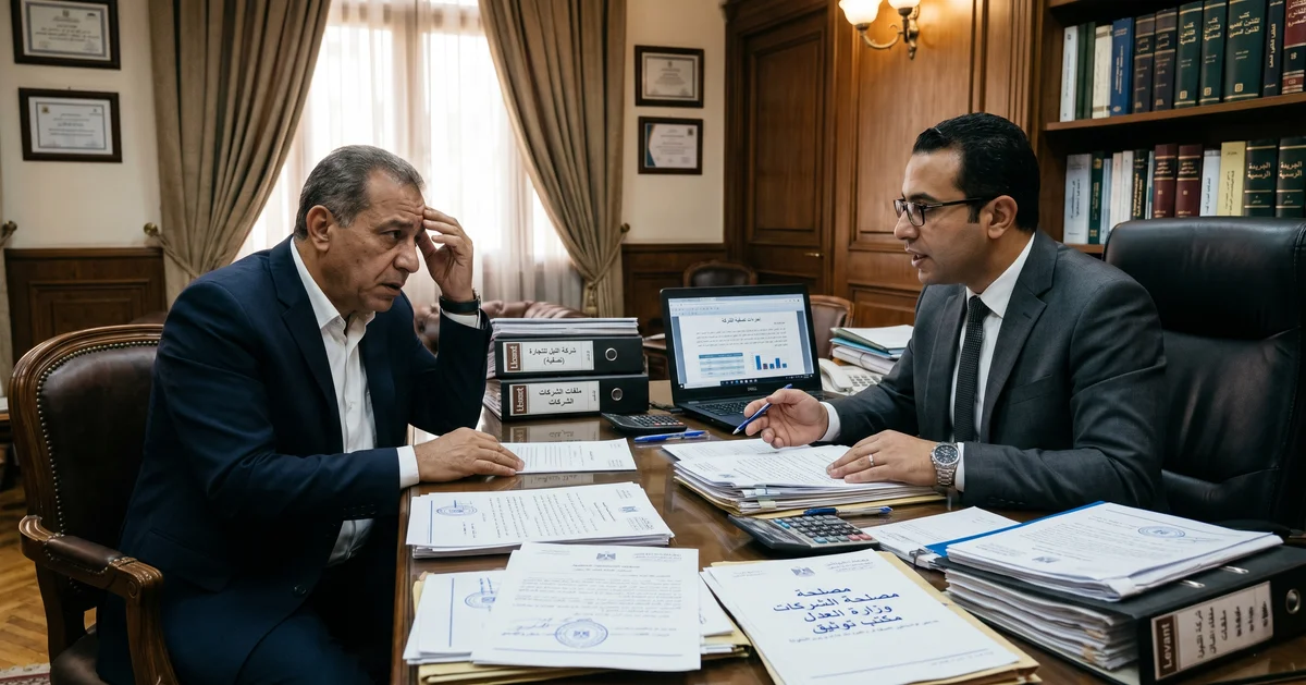 محامٍ مصري يشرح إجراءات تصفية شركة في مصر لرجل أعمال داخل مكتب قانوني مع ملفات وعقود تخص الشركات.