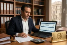 رجل أعمال مصري يراجع مستندات تقديم الإقرار الضريبي داخل مكتب قانوني ومحاسبي في مصر.