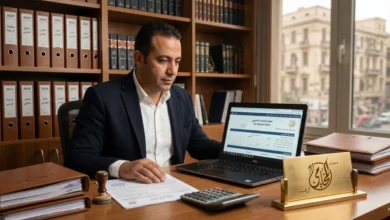 رجل أعمال مصري يراجع مستندات تقديم الإقرار الضريبي داخل مكتب قانوني ومحاسبي في مصر.