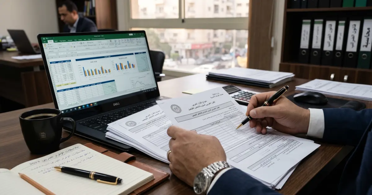 مراجعة مستندات وجداول مالية قبل تقديم الإقرار الضريبي في مصر على مكتب عمل حديث.