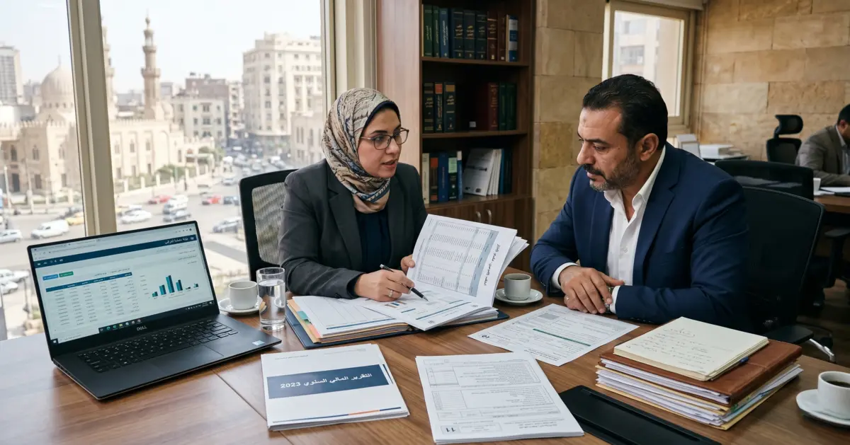 اجتماع قانوني وضريبي في مكتب بمصر لمناقشة تقديم الإقرار الضريبي وتفادي الأخطاء القانونية.