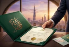 ملف أخضر فاخر يحتوي على مستند رسمي موثق في مشهد يعبر عن توثيق السفارة السعودية بالقاهرة مع خلفية معمارية تشير إلى المملكة العربية السعودية