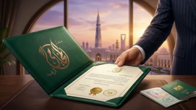 ملف أخضر فاخر يحتوي على مستند رسمي موثق في مشهد يعبر عن توثيق السفارة السعودية بالقاهرة مع خلفية معمارية تشير إلى المملكة العربية السعودية