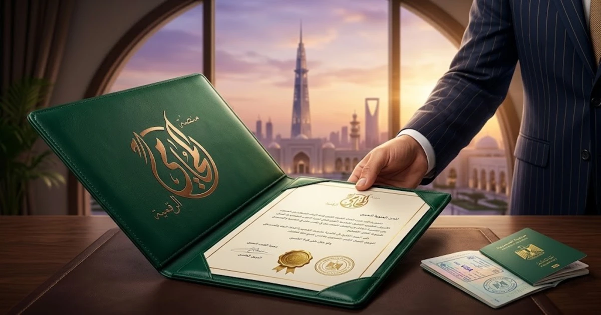 ملف أخضر فاخر يحتوي على مستند رسمي موثق في مشهد يعبر عن توثيق السفارة السعودية بالقاهرة مع خلفية معمارية تشير إلى المملكة العربية السعودية