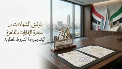 توثيق الشهادات من سفارة الإمارات بالقاهرة داخل مكتب رسمي مع مستندات موثقة وخلفية دبلوماسية