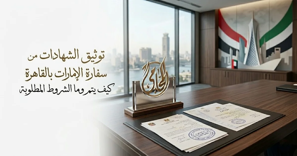 توثيق الشهادات من سفارة الإمارات بالقاهرة داخل مكتب رسمي مع مستندات موثقة وخلفية دبلوماسية