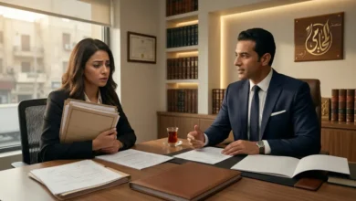 محامٍ مصري يشرح لامرأة حقوق الزوجة بعد الطلاق داخل مكتب محاماة في مصر.