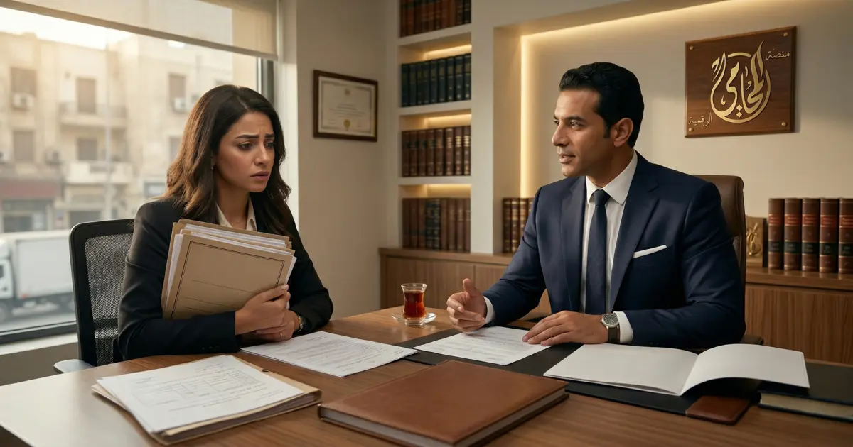 محامٍ مصري يشرح لامرأة حقوق الزوجة بعد الطلاق داخل مكتب محاماة في مصر.