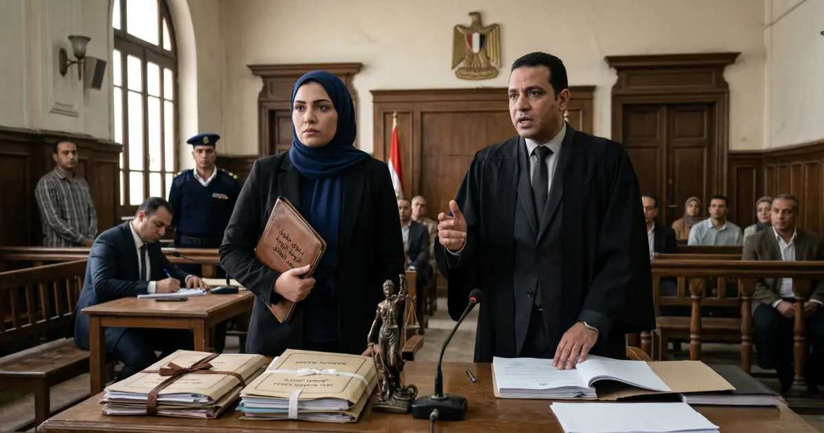 امرأة مصرية تقف مع محاميها داخل قاعة محكمة في قضية تتعلق بحقوق الزوجة بعد الطلاق.
