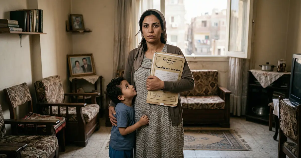 امرأة مصرية مع طفلها تحمل أوراقًا قانونية تتعلق بحقوق الزوجة بعد الطلاق والنفقة والحضانة.