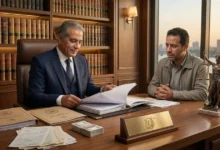 محامٍ مصري داخل مكتب قانوني يراجع ملف دعوى تعويض في القانون المصري مع موكل يعرض مستندات الضرر والخسائر.