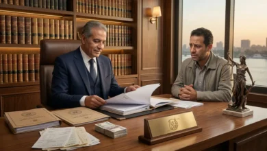 محامٍ مصري داخل مكتب قانوني يراجع ملف دعوى تعويض في القانون المصري مع موكل يعرض مستندات الضرر والخسائر.