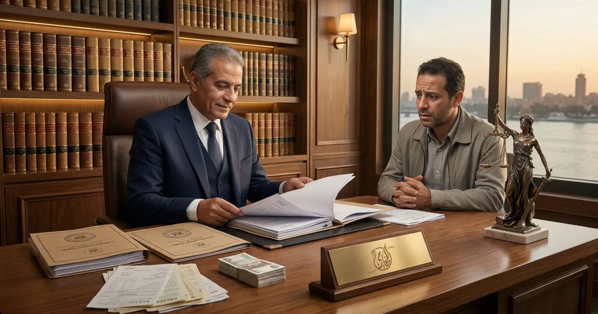 محامٍ مصري داخل مكتب قانوني يراجع ملف دعوى تعويض في القانون المصري مع موكل يعرض مستندات الضرر والخسائر.