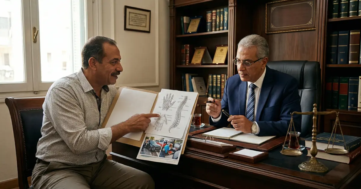 محامٍ مصري يشرح مستندات إثبات الضرر في دعوى تعويض في القانون المصري وتشمل تقارير وفواتير وإيصالات داخل مكتب محاماة.