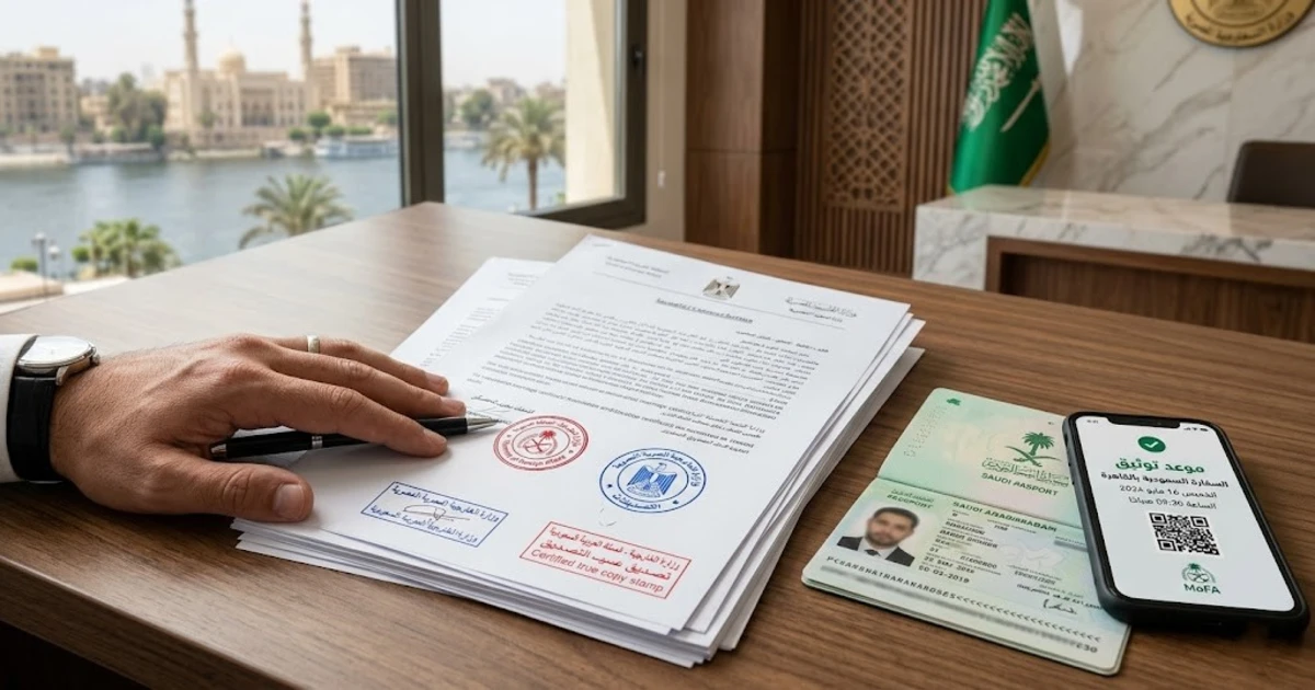 مستندات رسمية مختومة على مكتب بإطلالة نيلية مع جواز سفر وهاتف يعرض موعد توثيق في مشهد يوضح إجراءات توثيق السفارة السعودية بالقاهرة
