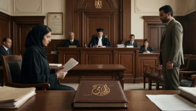 مشهد داخل محكمة أسرة مصرية يعبر عن نزاع حول سقوط الحضانة في القانون المصري بين الأبوين.