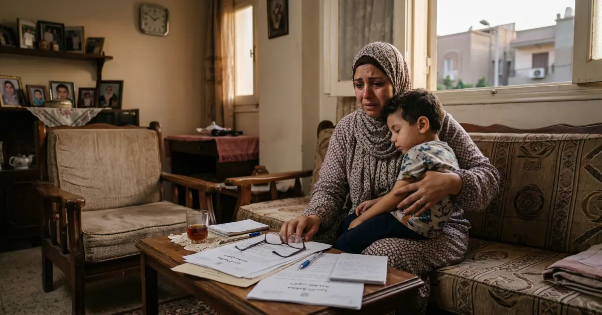 أم مصرية تحتضن طفلها بجوار مستندات قانونية في مشهد يعبر عن قضايا الحضانة في القانون المصري.