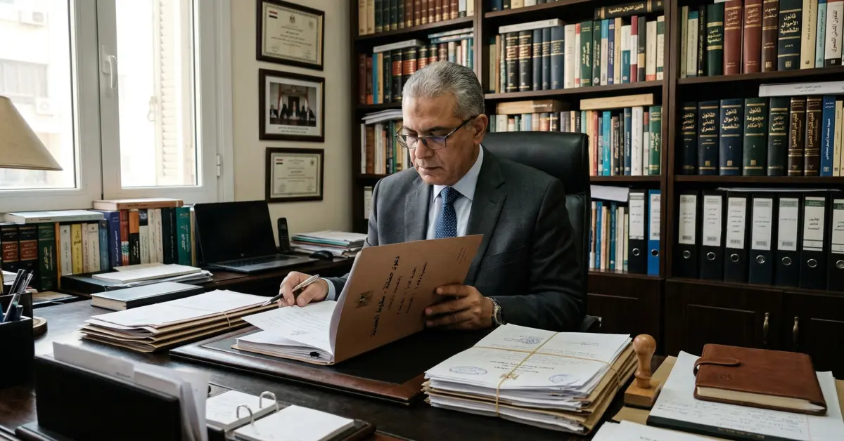 محامٍ مصري يراجع ملف دعوى مرتبط بموضوع سقوط الحضانة في القانون المصري داخل مكتب قانوني.