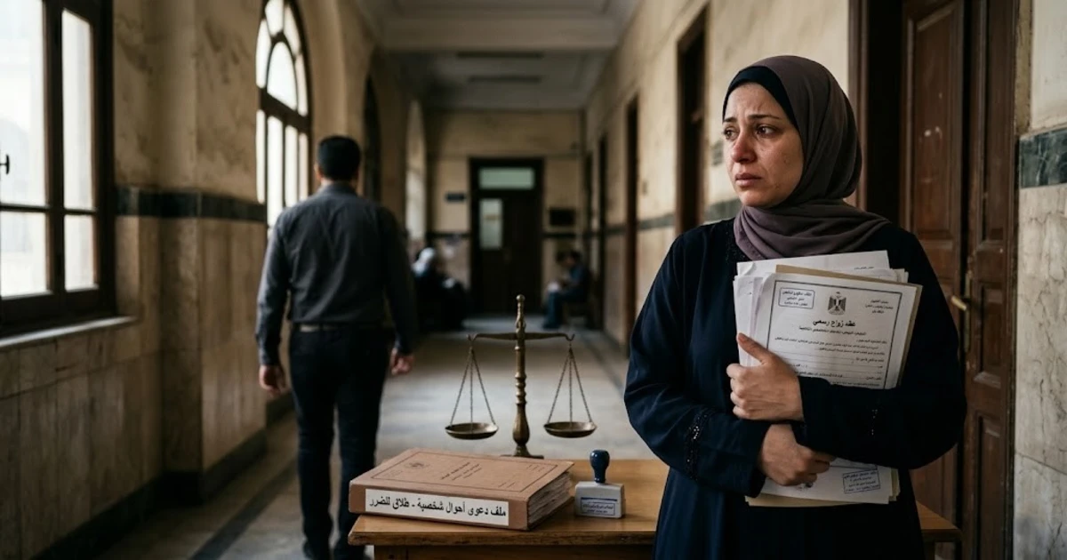 سيدة مصرية تحمل مستندات دعوى طلاق للضرر داخل ممر محكمة الأسرة بينما يغادر الزوج في خلفية المشهد